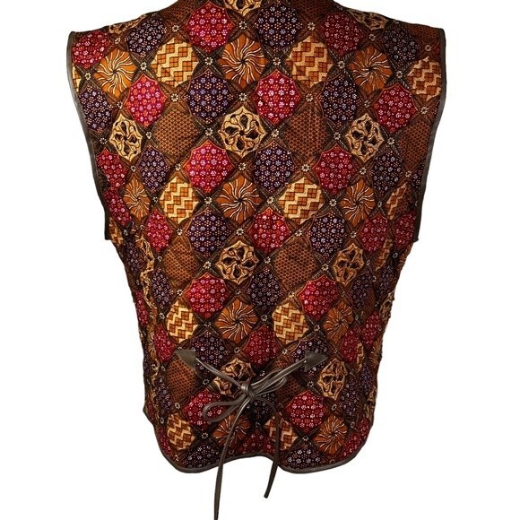 Vintage Cache Beaded Vest Medium Faux Leather Trim Ties Earth Tones Retro - Picture 2 of 13